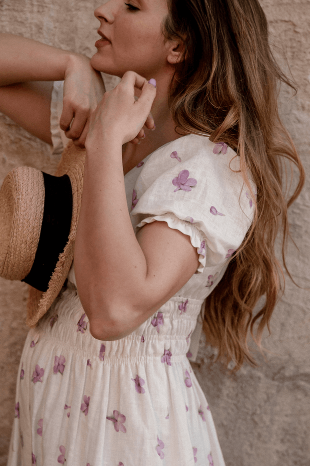 Rosaline Linen Lavender Flowers Midi Dress - Fashionist